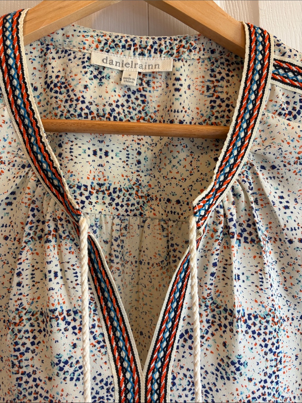 Daniel Rainn Cream Dot-Print Tassel V-Neck Tunic with Navy & Rust Trim - Picture 5 of 13
